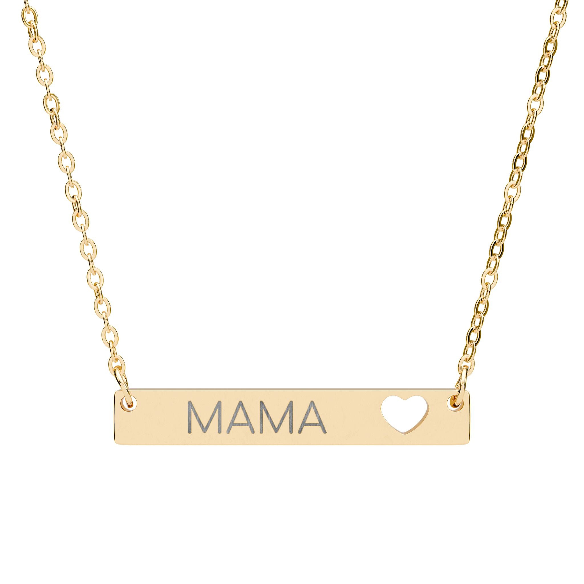 Mama Cutout Heart Bar Necklace — Engraved Mama Bar Pendant